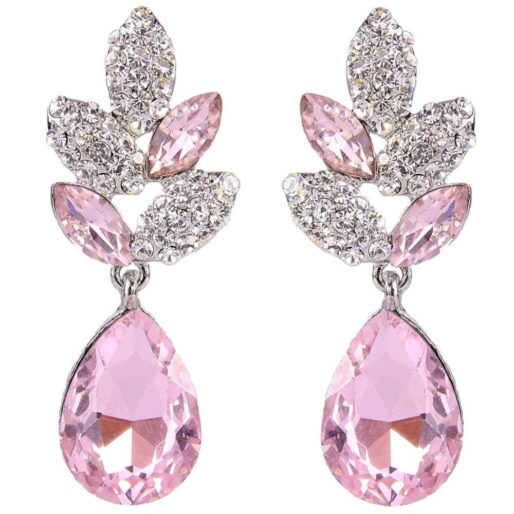Silver with Pink Sapphire and White Diamond Crystal Leaf Teardrop Post Earrings